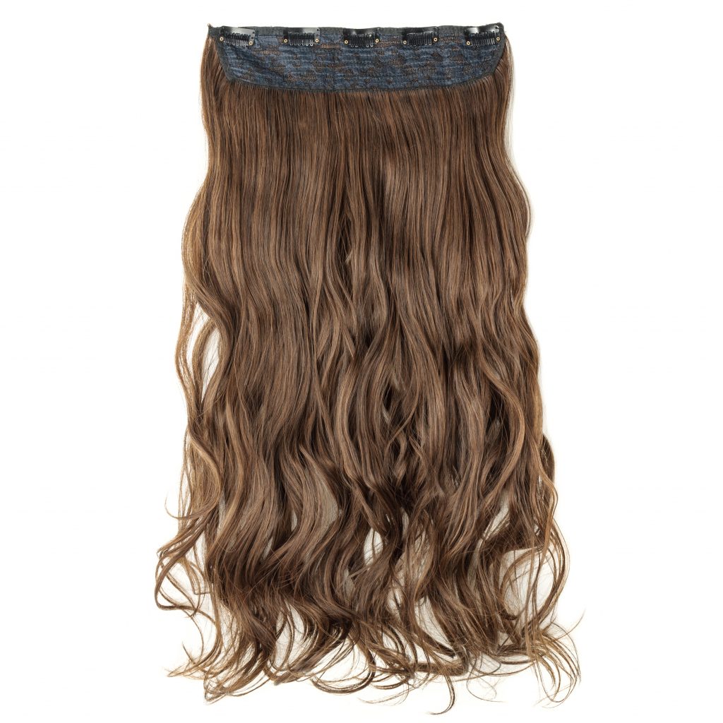 Single piece clip in brown wavy synthetic hair extensions